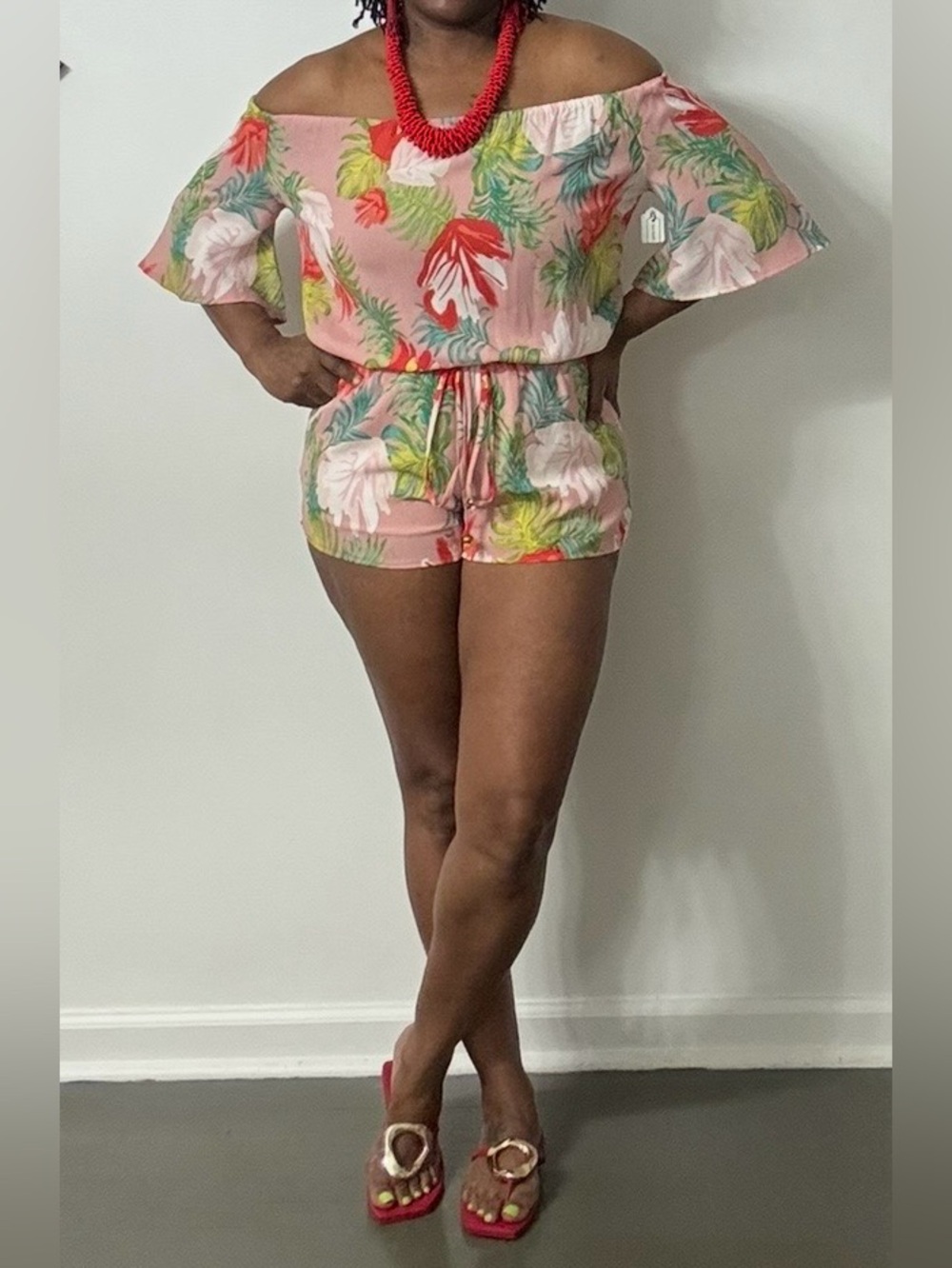 AKIRA Pink Tropical Off-Shoulder Romper